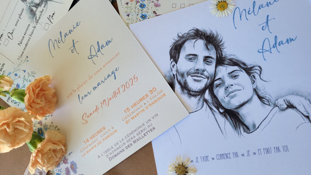 Présentation d'un faire-part de mariage illustré à la main avec sa papeterie