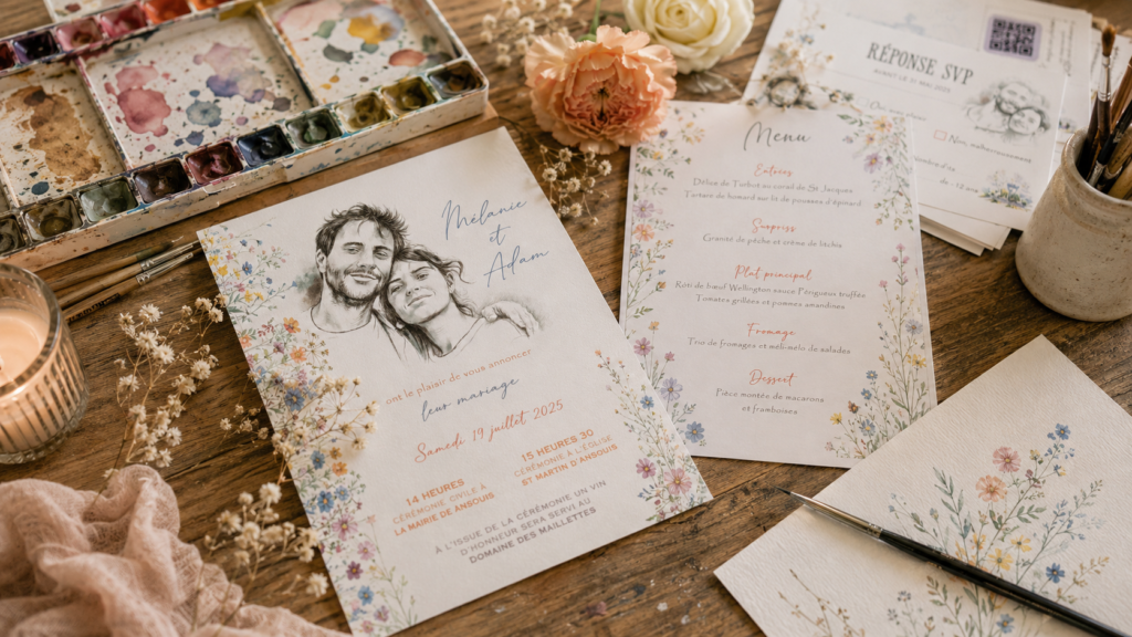 Création d'un faire-part de mariage personnalisé peint à la main